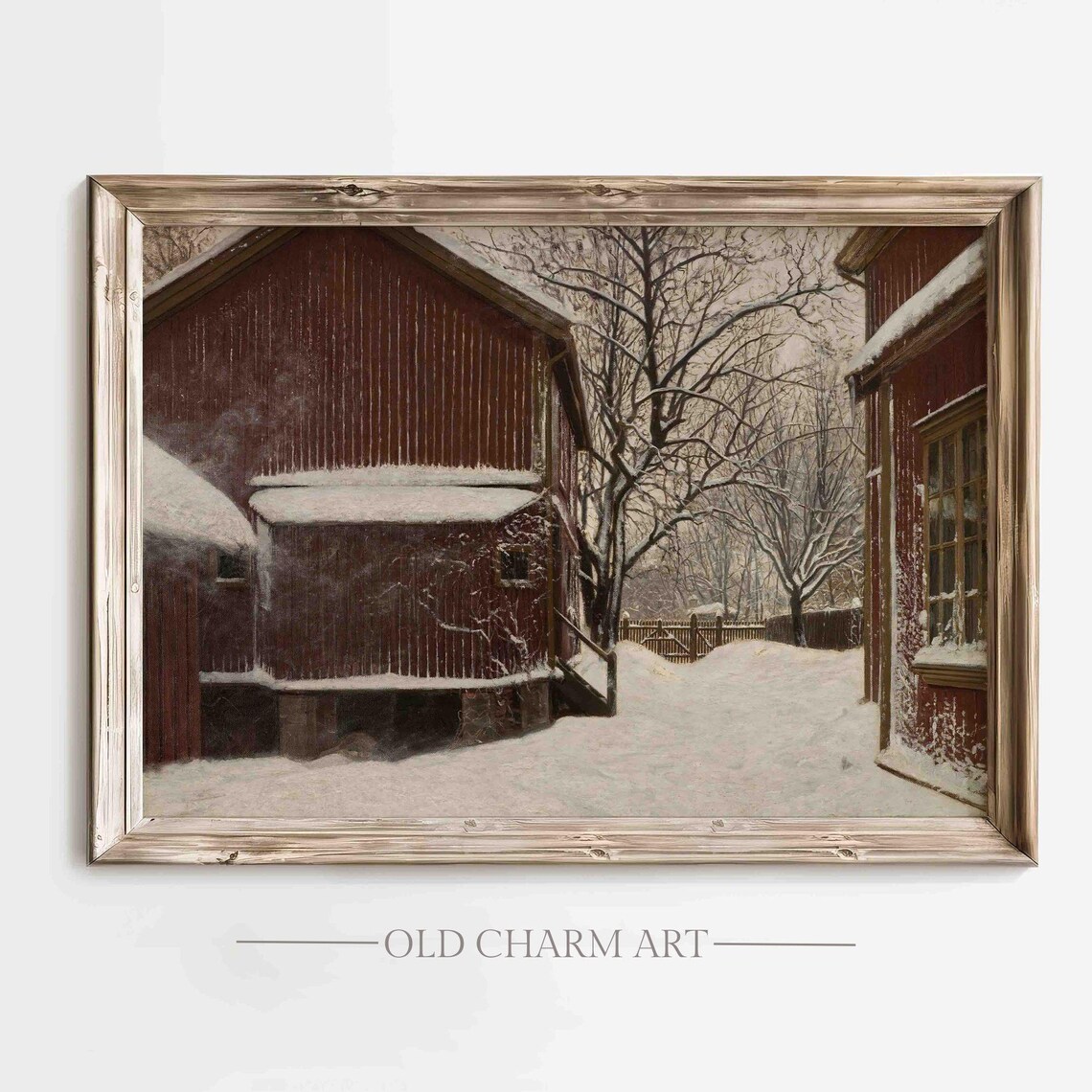 Quiet Red Barn Winter Snow Farm Vintage Landscape Painting Poster