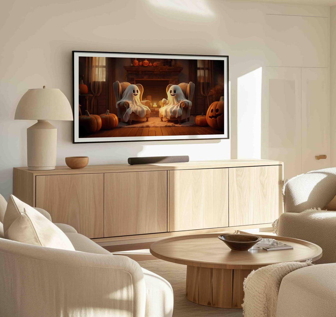 Cute Ghosts Relaxing In Armchairs By A Fireplace With Pumpkins Poster - Image 2