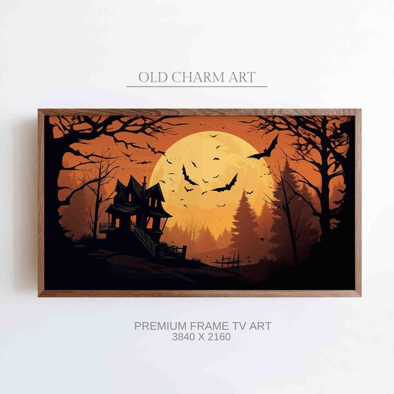 Haunted House Under An Orange Moon With Bats And Bare Trees Poster