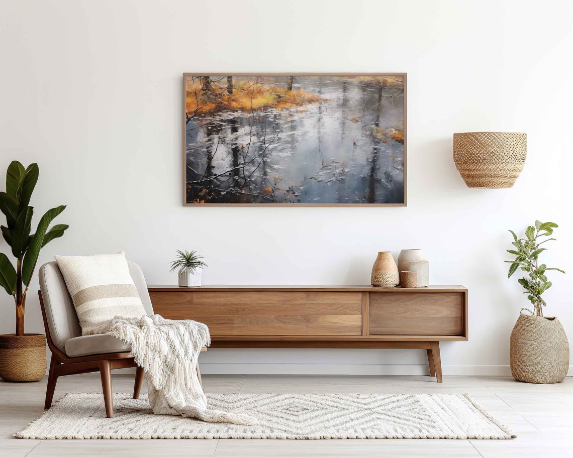 Autumn Pond Reflections Misty Golden Fall Trees Abstract Poster - Image 2