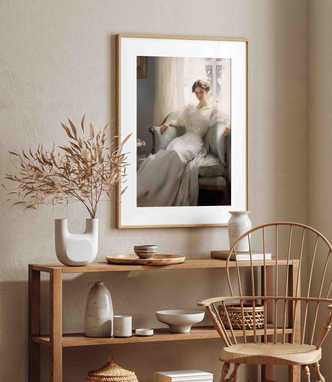 Woman in White Gown Reclining on Chaise Lounge Portrait Poster - Image 4