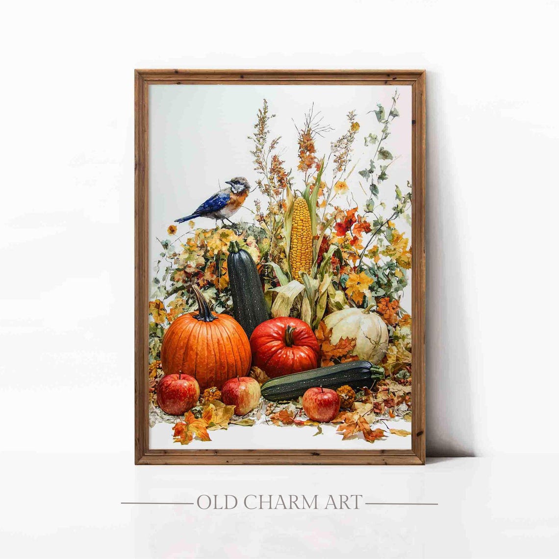 Watercolor Harvest Bounty With Pumpkins Apples And A Bluebird Poster