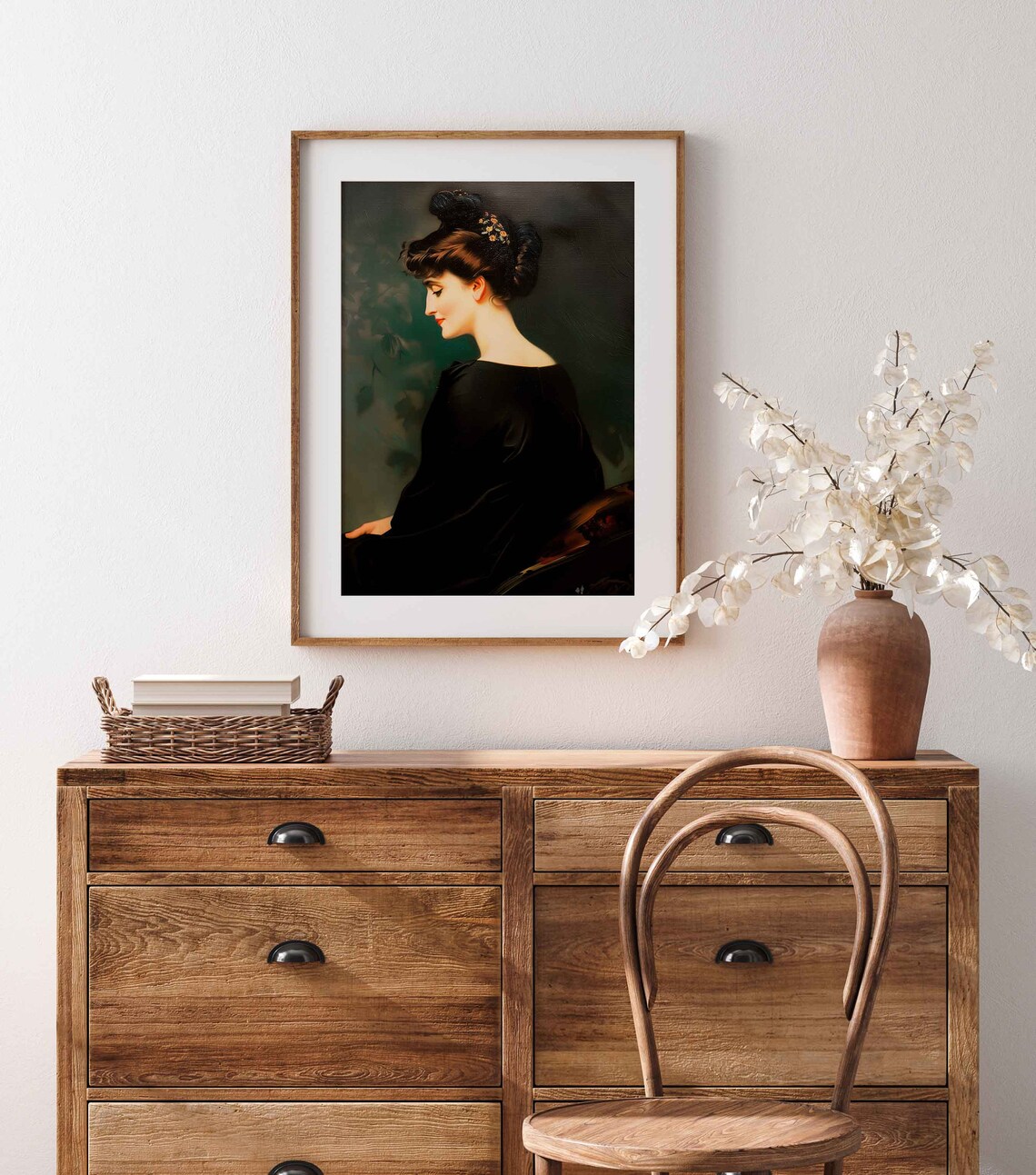 Elegant Woman in a Black Dress Profile Portrait Vintage Oil Art Print - Image 3