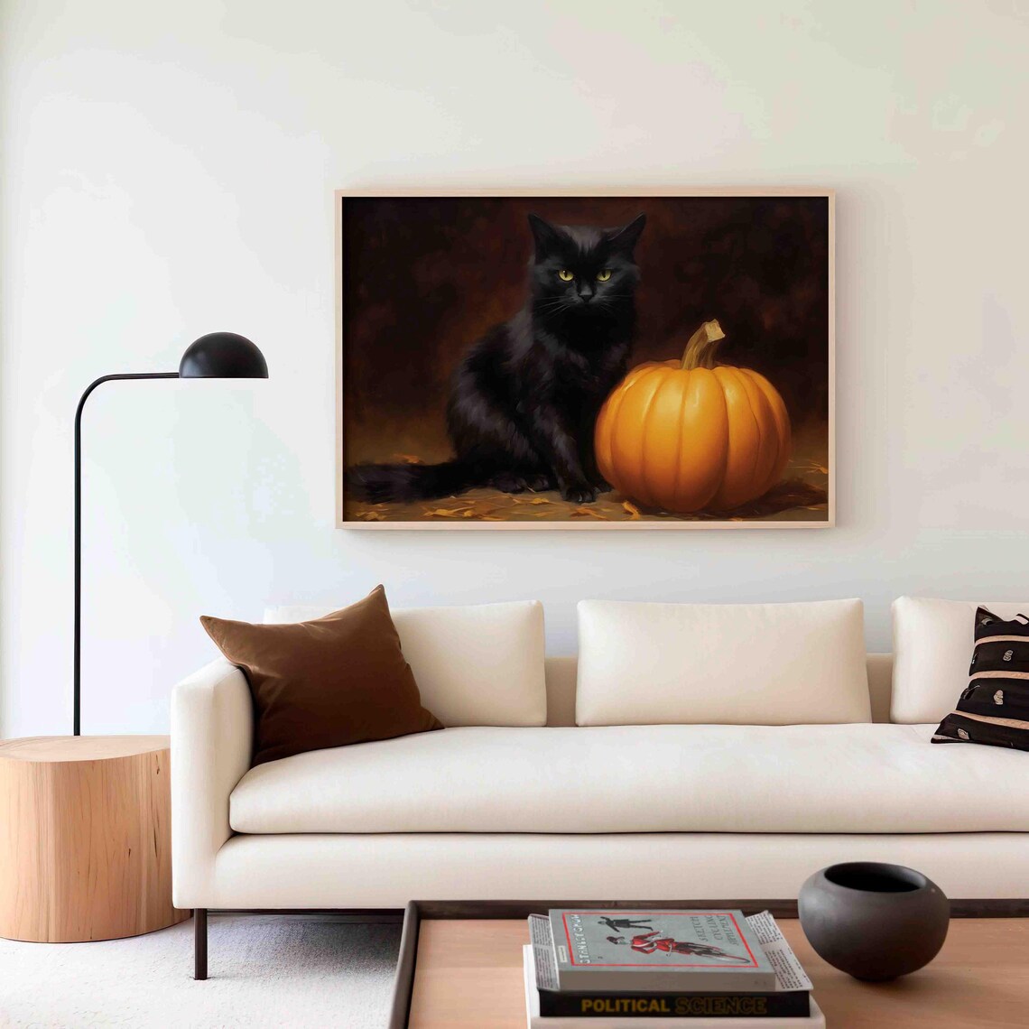 Vintage Elegant Black Cat with Pumpkin Halloween Oil Painting Poster - Image 4