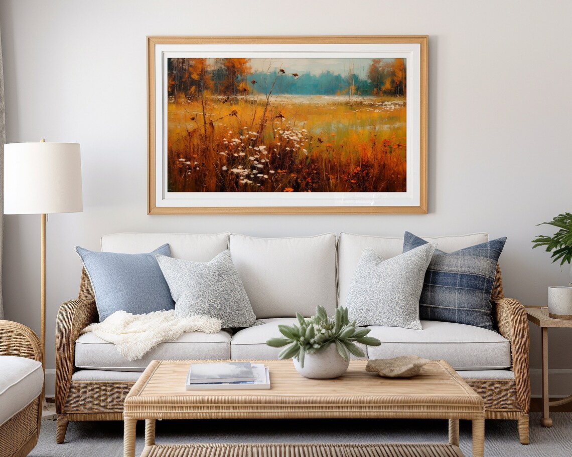 Golden Autumn Field With Wildflowers And Misty Blue Treeline Poster - Image 3