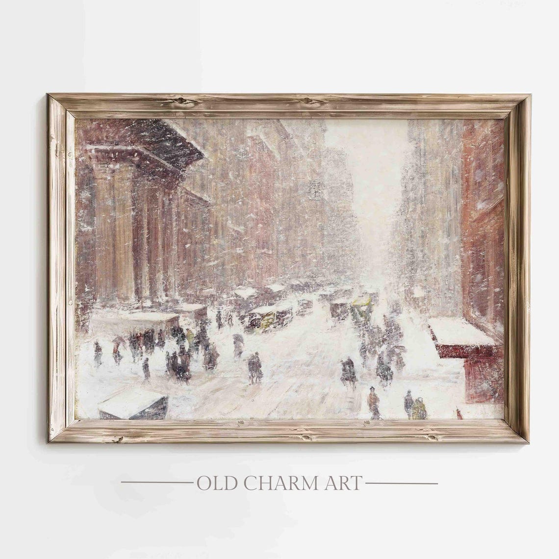 Old Winter City Snowstorm Street Crowds Vintage Painting Poster