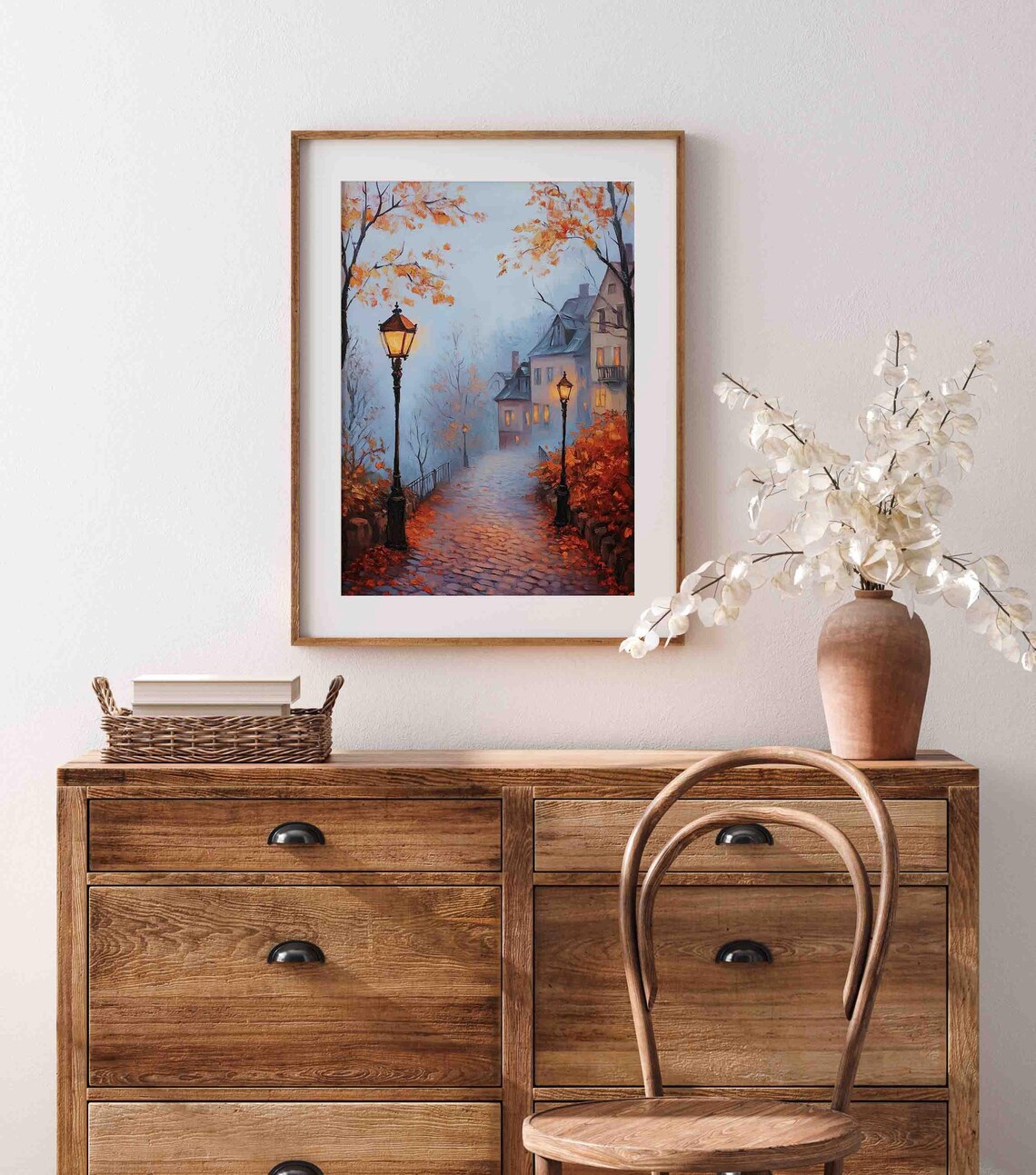 Autumn Old Town Street At Dusk With Glowing Lamps And Leaves Poster - Image 4