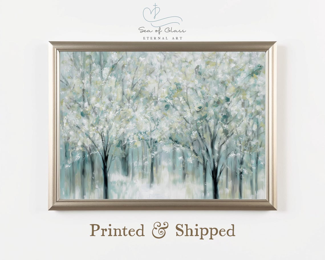 Snowy Winter Forest Abstract Painting Poster Pale Blue Trees Art