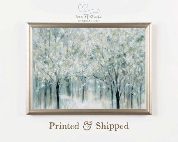 Snowy Winter Tree Art Print Abstract Forest Painting With Pastel Green And White Trees Impressionist Nature Wall Decor