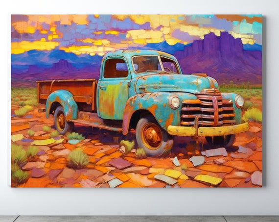 Impressionist Painting Print Truck In The Desert Beautiful Stretched Original Art Landscape Man Cave Bar Art Rustic Style Art