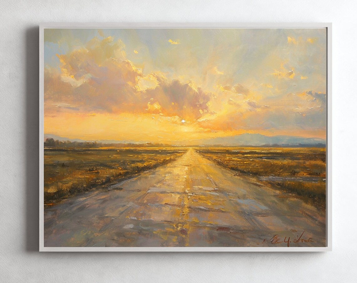 Country Road Sunset Golden Horizon Fields Clouds Vintage Oil Poster - Image 4