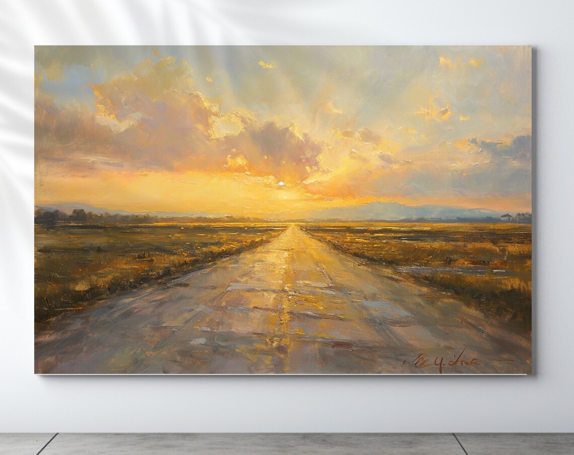 Country Road Sunset Golden Horizon Fields Clouds Vintage Oil Poster
