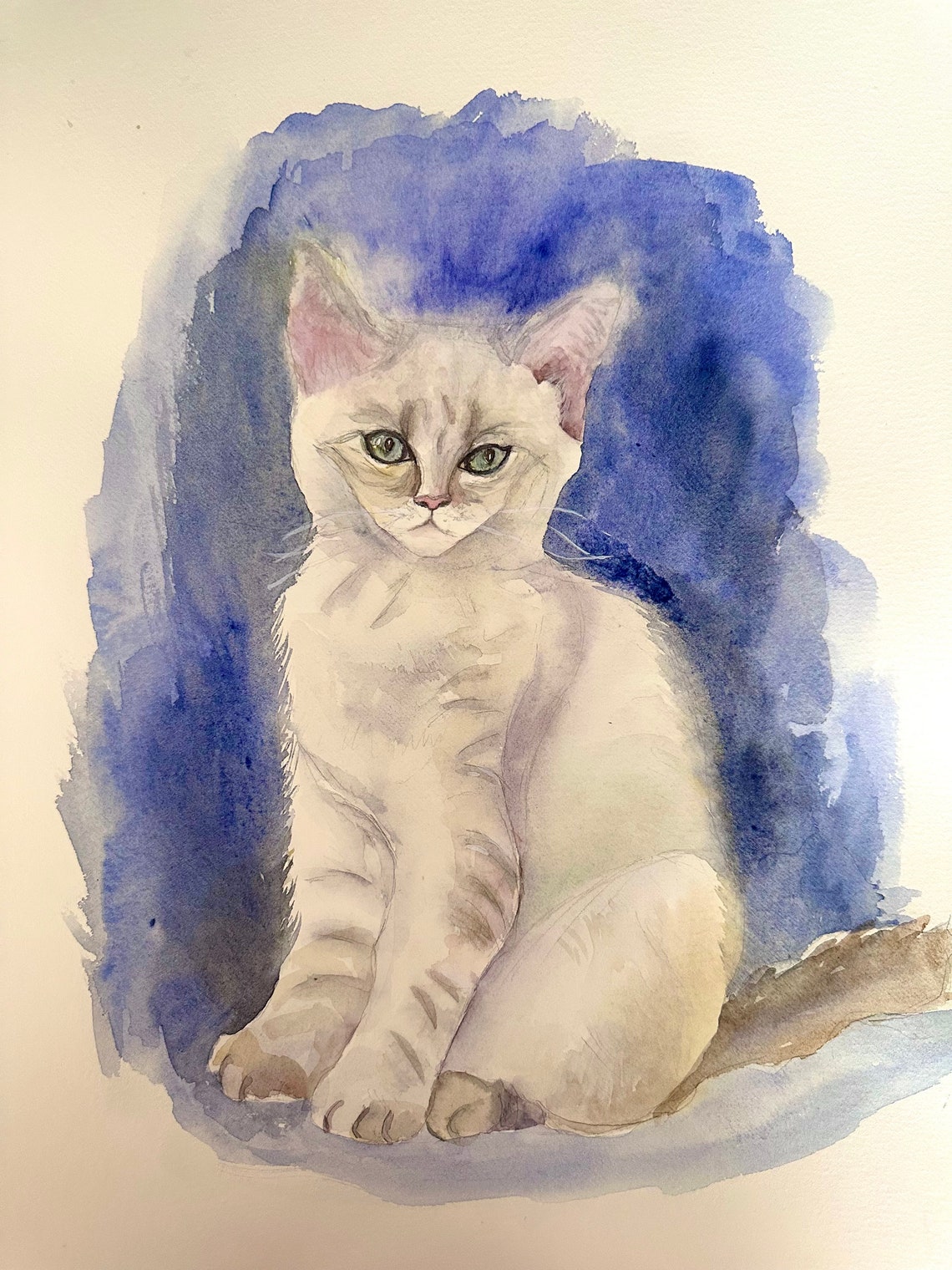 White Kitten With Green Eyes on Blue Watercolor Cat Portrait Poster