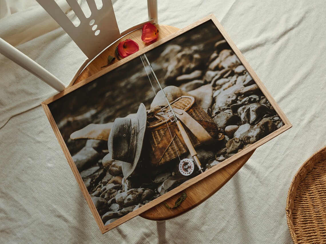 Rustic Vintage Fly Fishing Gear Still Life on River Rocks Poster - Image 2