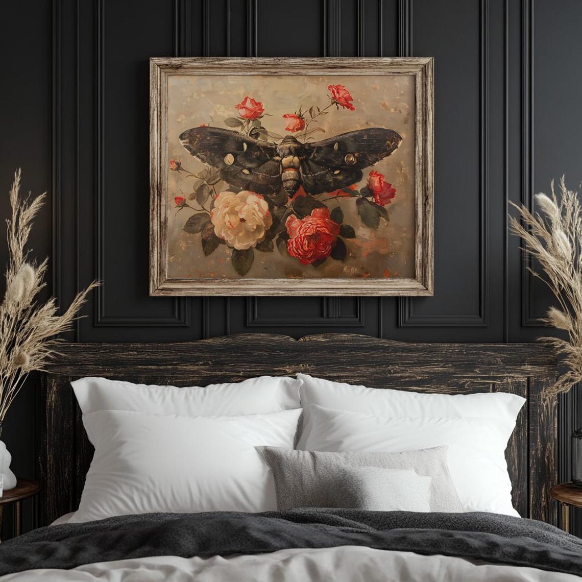 Giant Dark Moth With Red And Blush Roses Vintage Romance Art Poster - Image 2