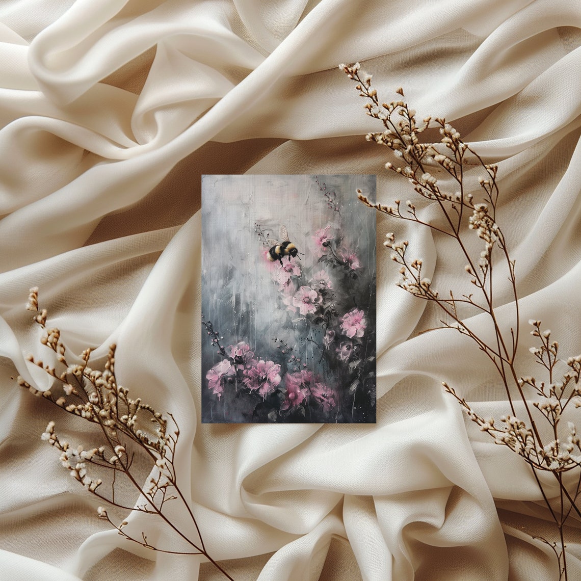 Bumblebee On Soft Pink Blossoms Against Moody Grey Floral Print - Image 3
