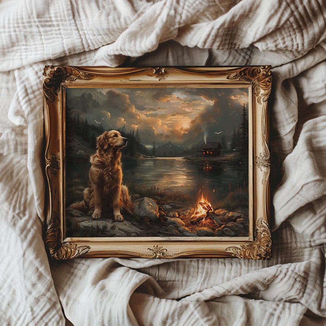 Golden Retriever by a Campfire at Sunset on a Mountain Lake Poster - Image 4