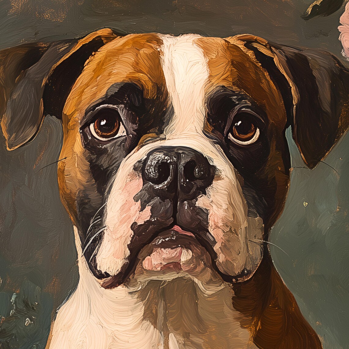 Boxer Dog Sitting Among Pink Roses Floral Portrait Art Poster - Image 2