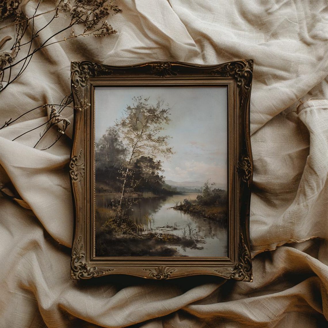 Serene Misty Pond With Slender Tree Soft Blue Landscape Poster - Image 4