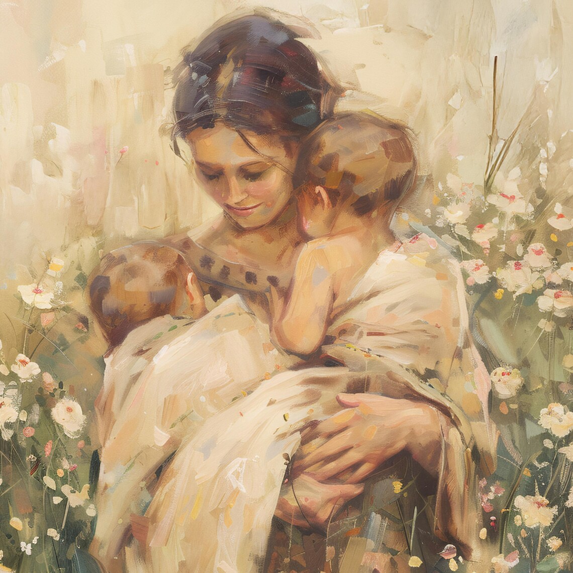 Mother Holding Two Children In Soft Flower Field Painting Poster - Image 2
