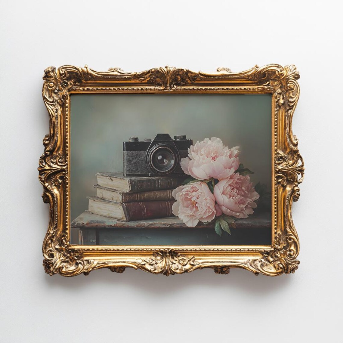 Vintage Film Camera on Old Books with Blush Pink Peonies Poster - Image 3