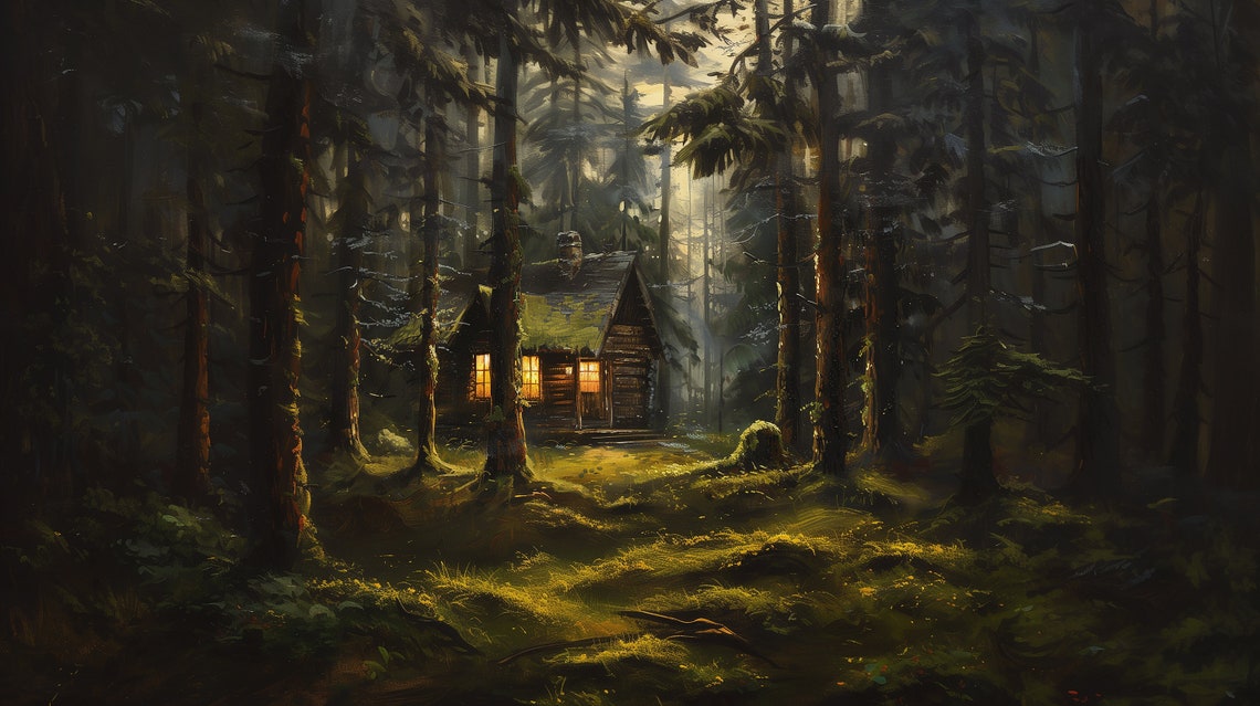 Log Cabin Glowing in a Dark Misty Evergreen Forest Night Poster - Image 2