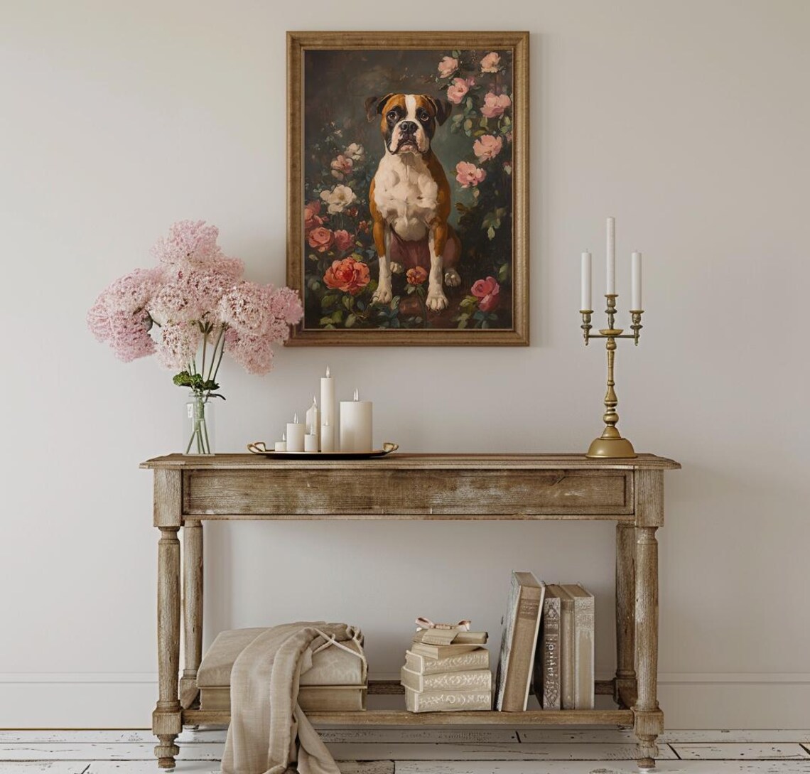 Boxer Dog Sitting Among Pink Roses Floral Portrait Art Poster - Image 3