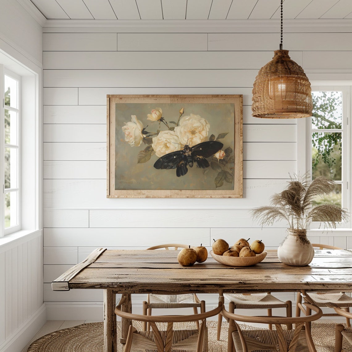 Black Moth Among Cream White Roses Soft Cottagecore Floral Poster - Image 4
