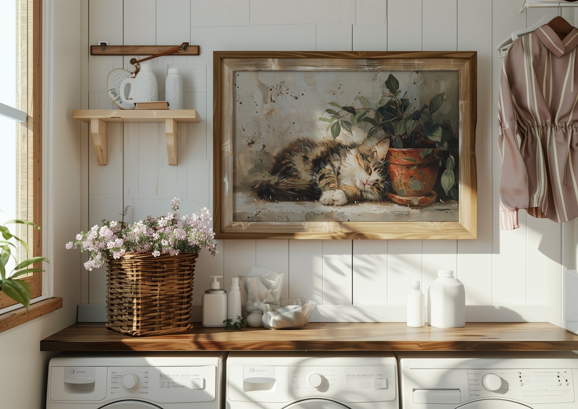 Fluffy Tabby Cat Sleeping by a Terracotta Potted Plant Poster - Image 2