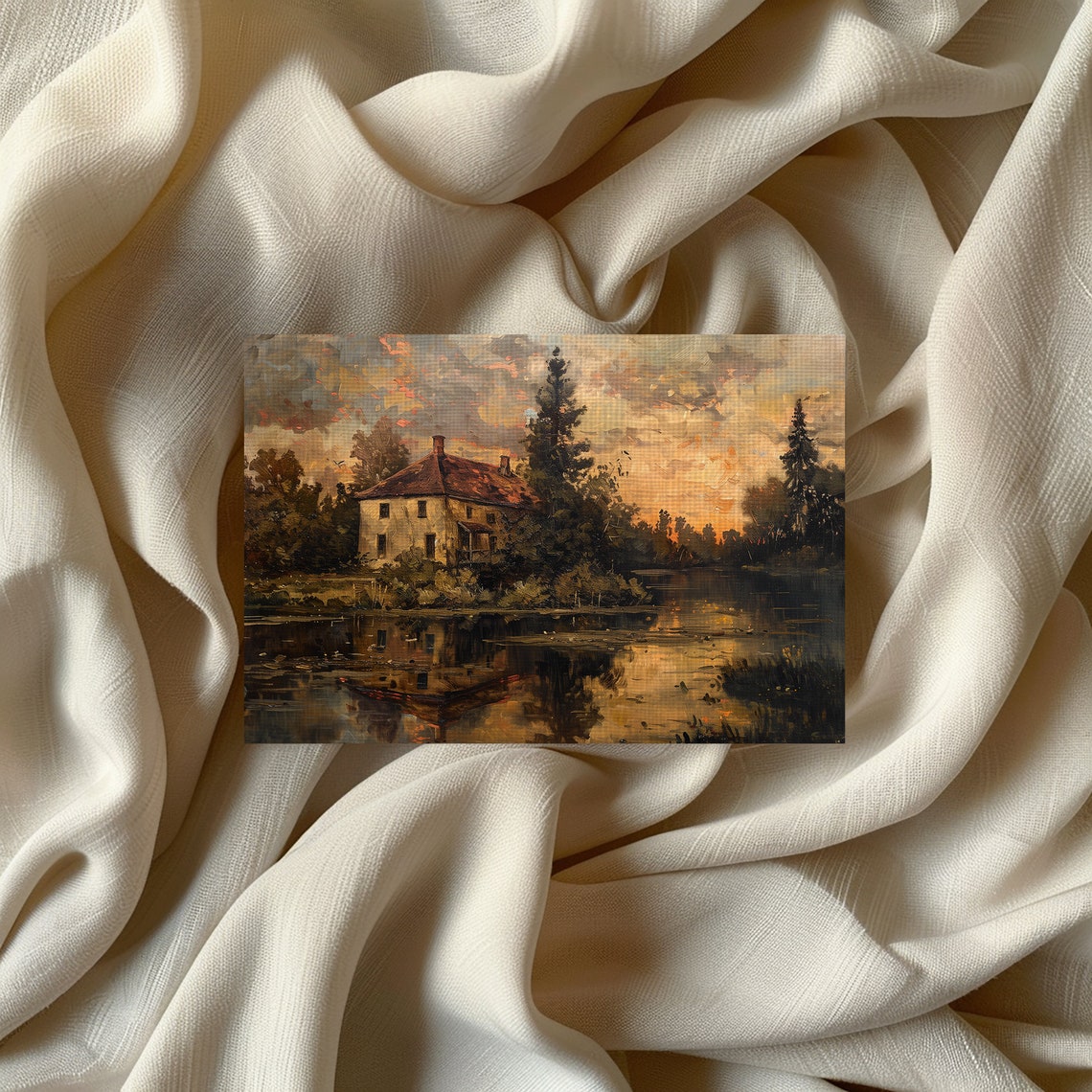Old House By River At Golden Dusk Autumn Landscape Art Wall Poster - Image 2