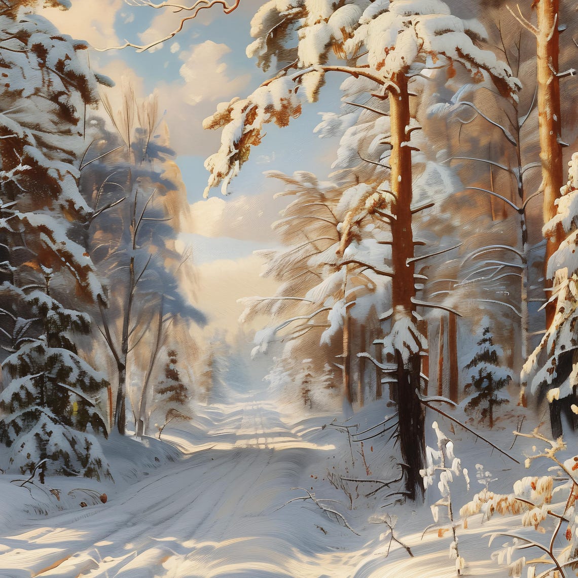 Snowy Pine Forest with Sunlit Path Winter Wonderland Art Poster - Image 2