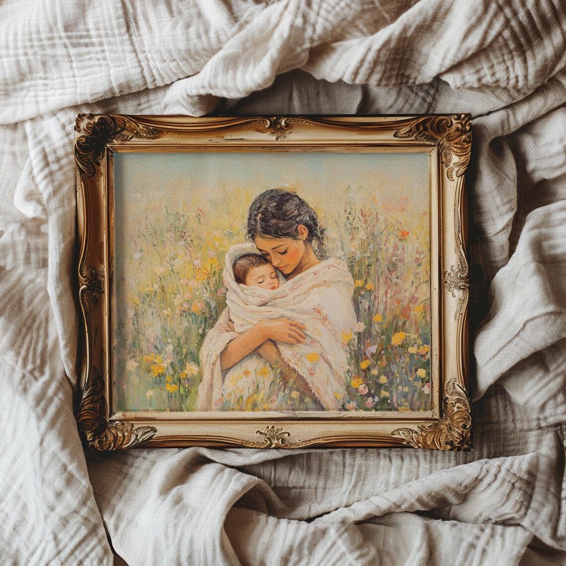 Mother Tenderly Holding Newborn in Wildflower Meadow Art Poster - Image 3