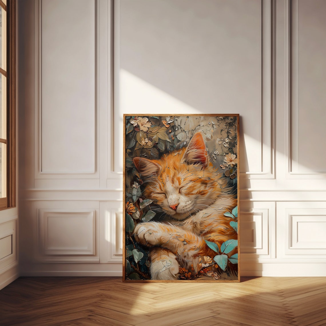 Sleeping Orange Tabby Curled Among Blossoms Cozy Cat Art Poster - Image 3