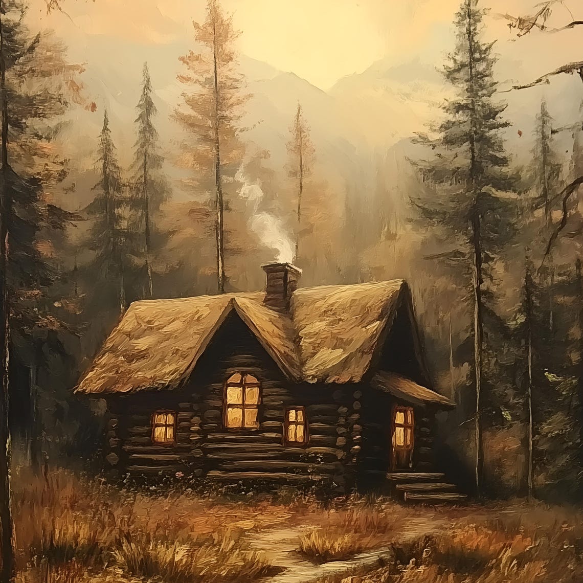 Log Cabin In Forest At Dusk With Glowing Windows Painting Poster - Image 2