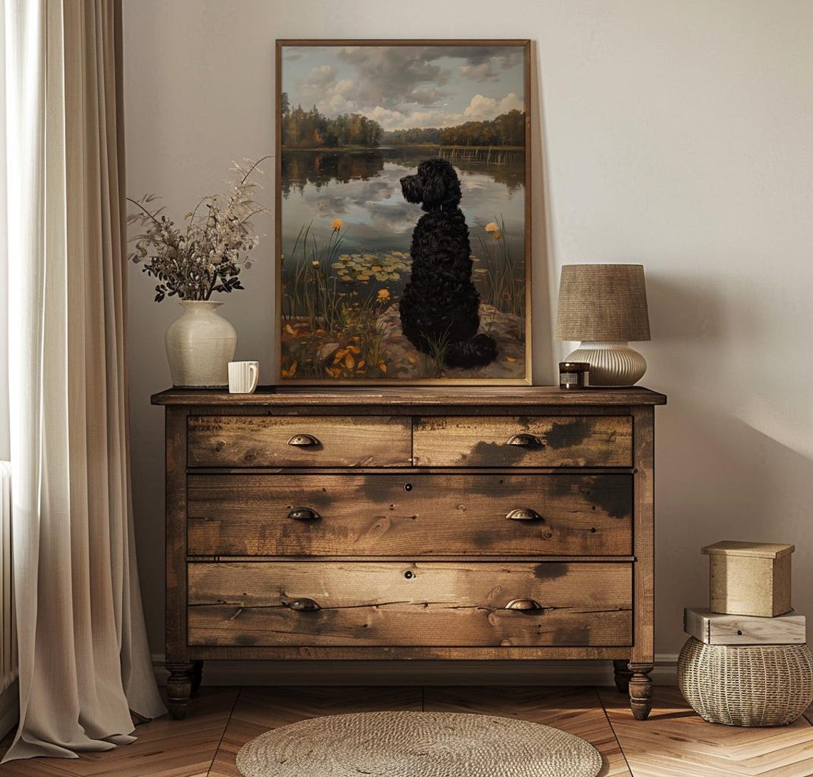 Black Curly Dog Sitting By Autumn Lake Lily Pads Vintage Poster - Image 2