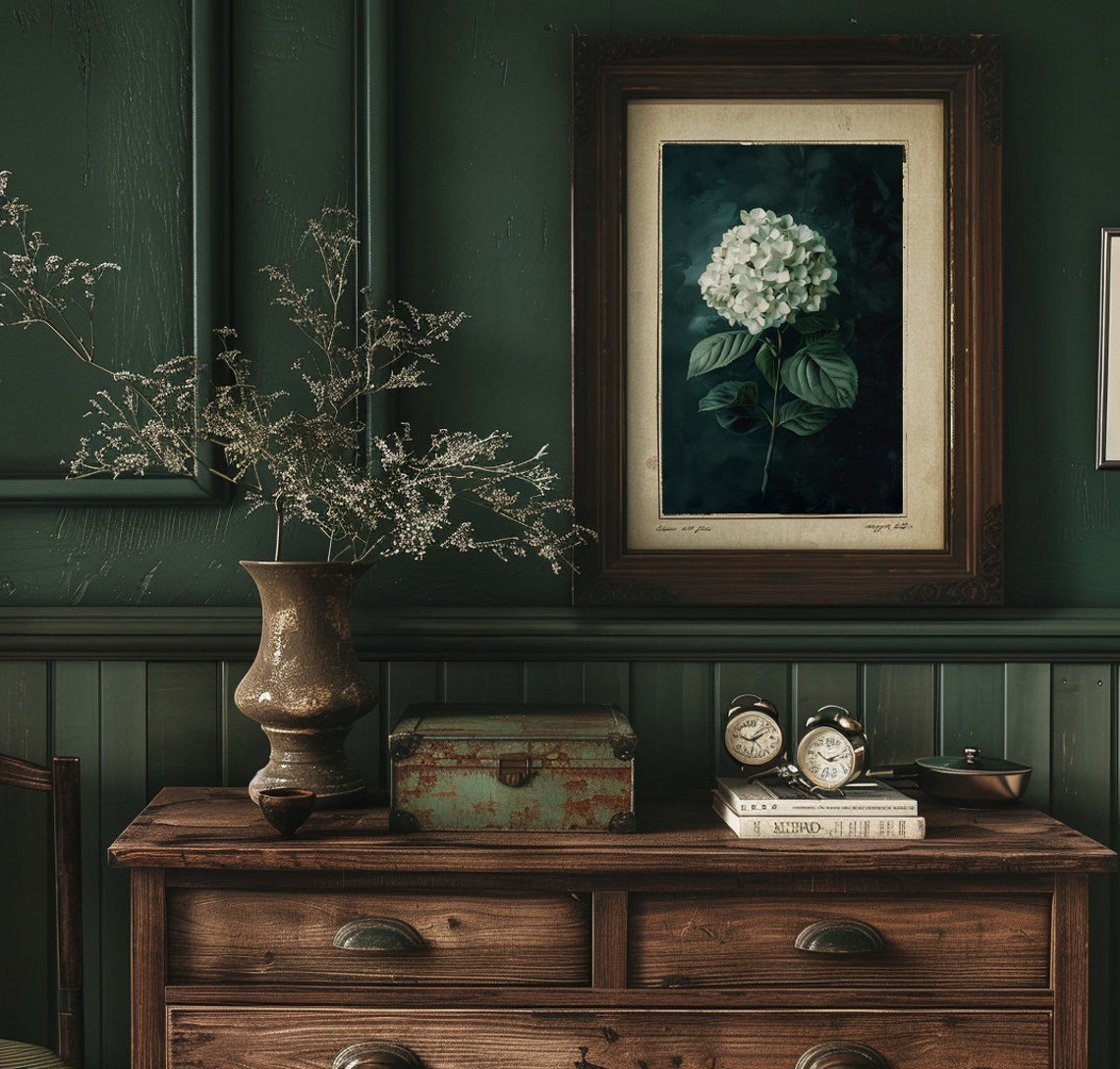 White Hydrangea Bloom Botanical Painting On Dark Background Poster - Image 2