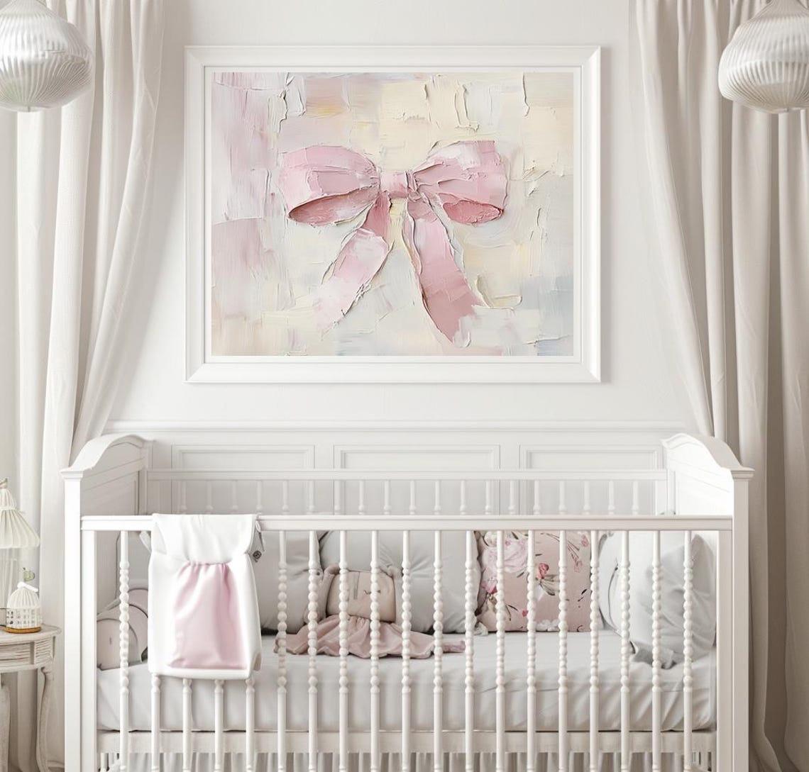 Blush Pink Ribbon Bow Textured Oil Painting Nursery Wall Art - Image 2