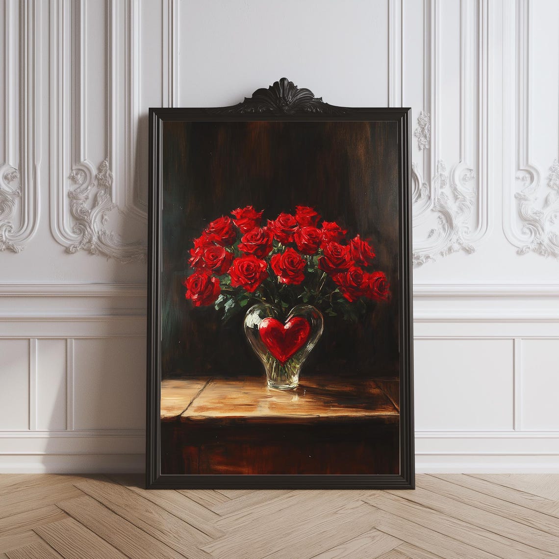 Red Roses in Heart Shaped Glass Vase Valentines Floral Poster - Image 3