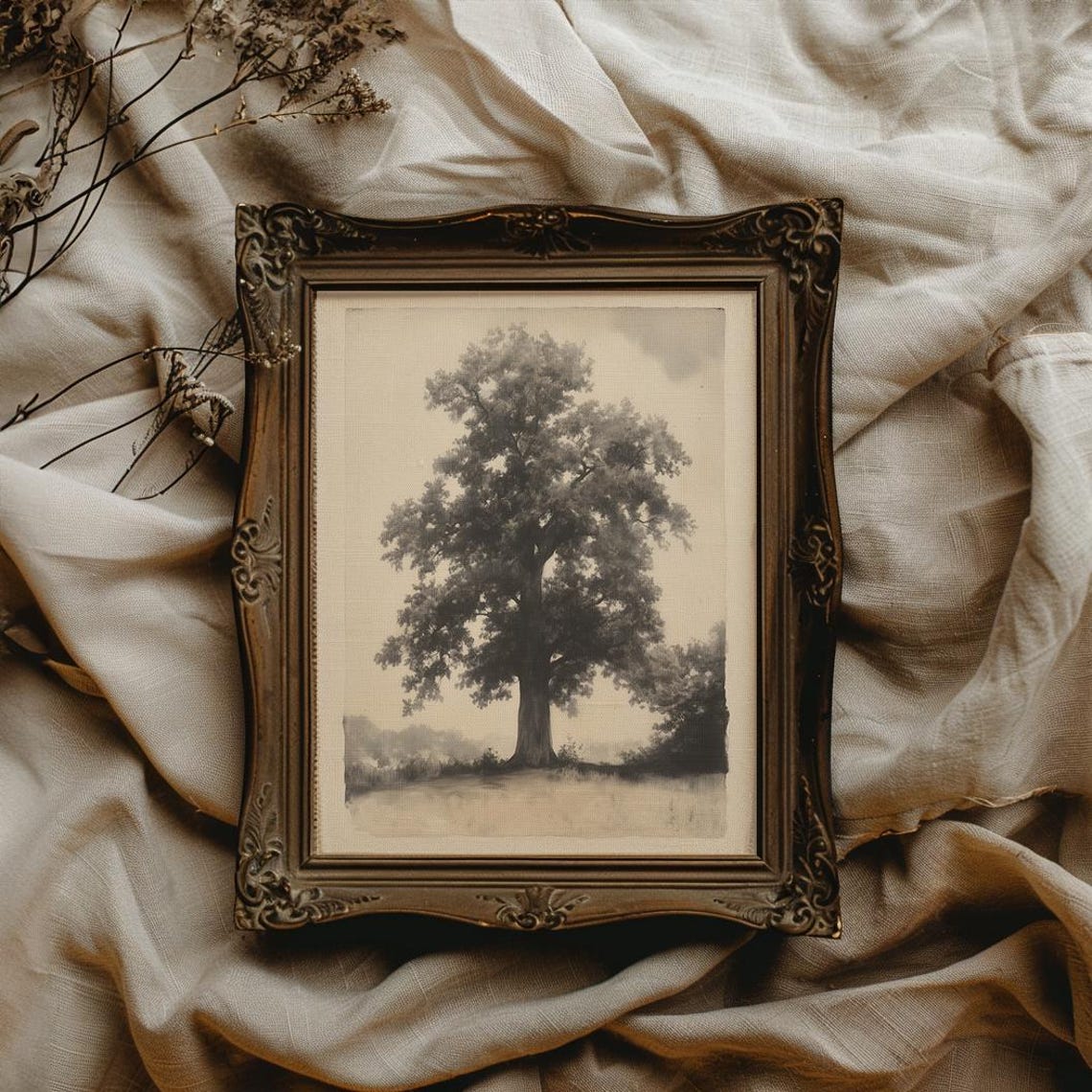 Majestic Lone Oak Tree Sepia Vintage Botanical Study Art Poster - Image 4