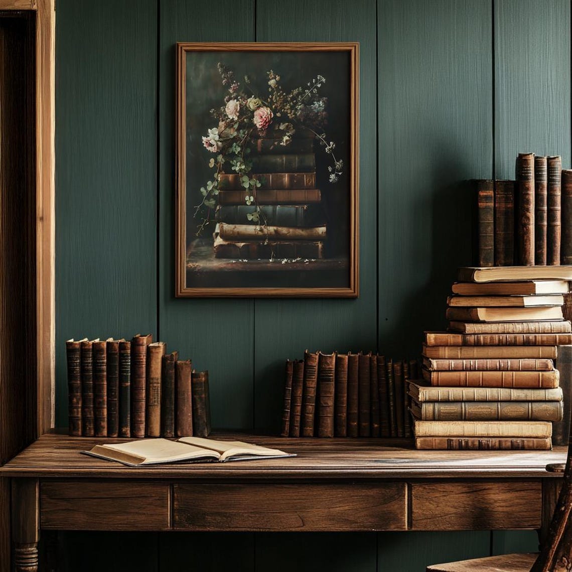 Stack Of Vintage Books Topped With Roses And Wildflowers Print - Image 3