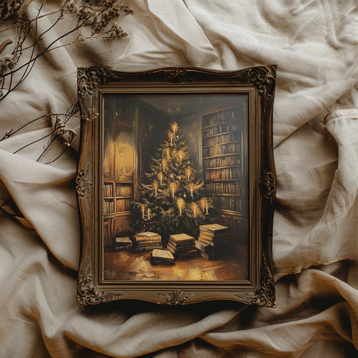 Candlelit Christmas Tree in Cozy Library with Stacks of Books Poster - Image 2