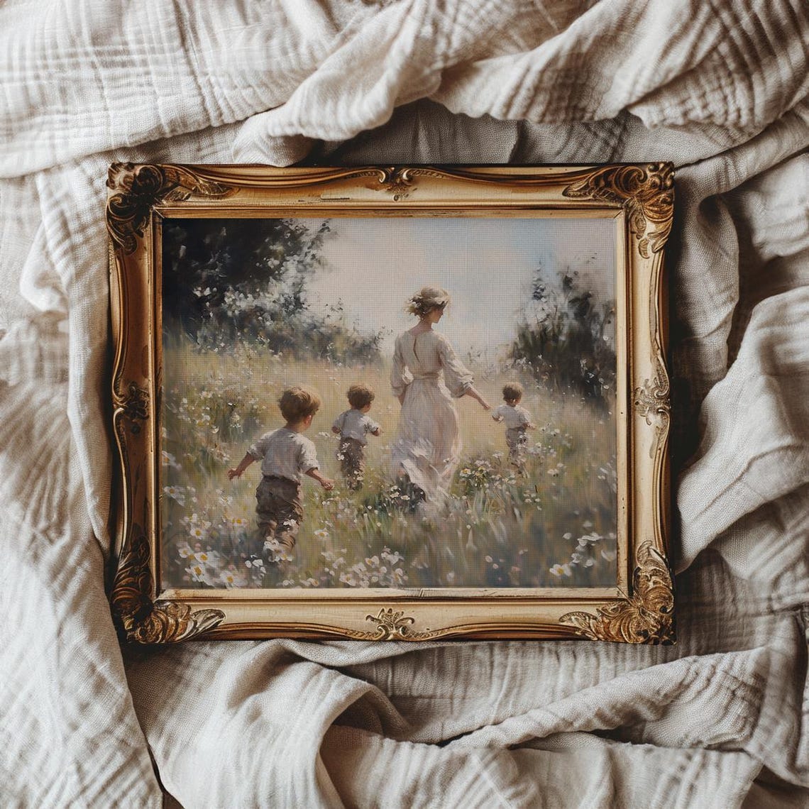 Mother Walking with Three Sons Through Wildflower Meadow Poster - Image 3