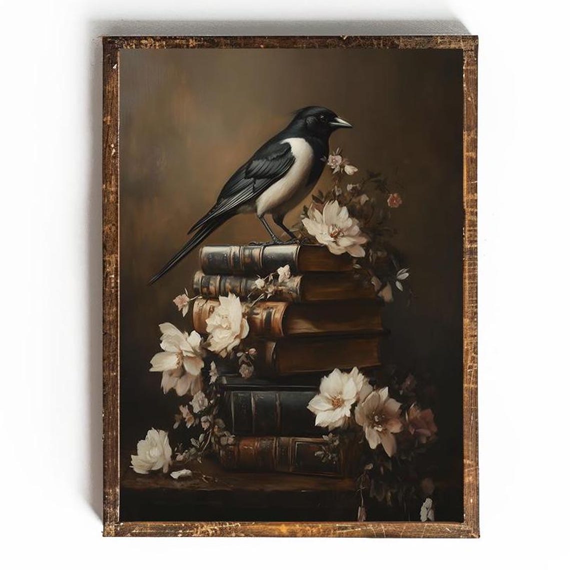Magpie Perched On Stack Of Old Books With White Flowers Poster