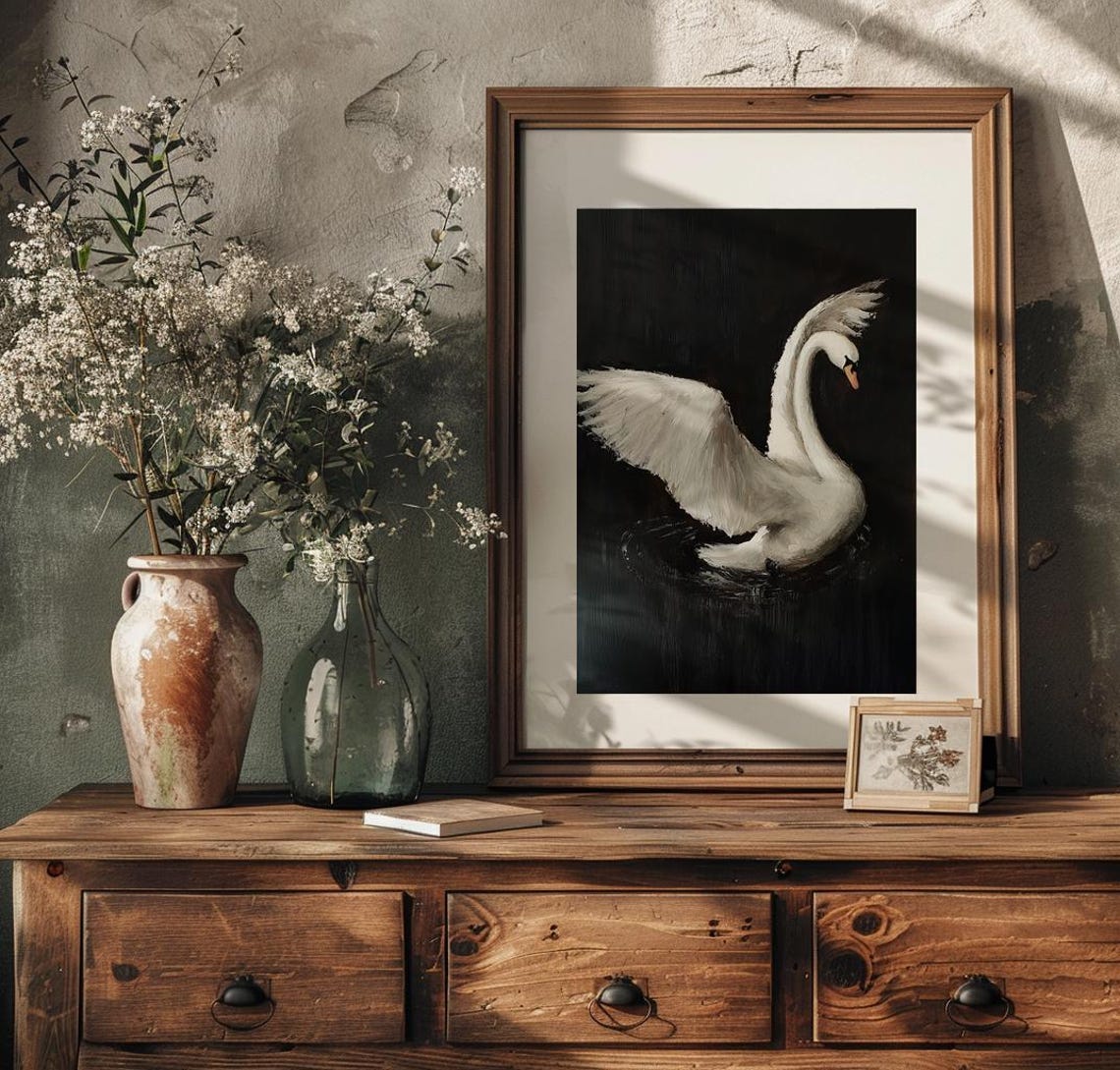 White Swan with Elegantly Spread Wings on a Black Background Poster - Image 2