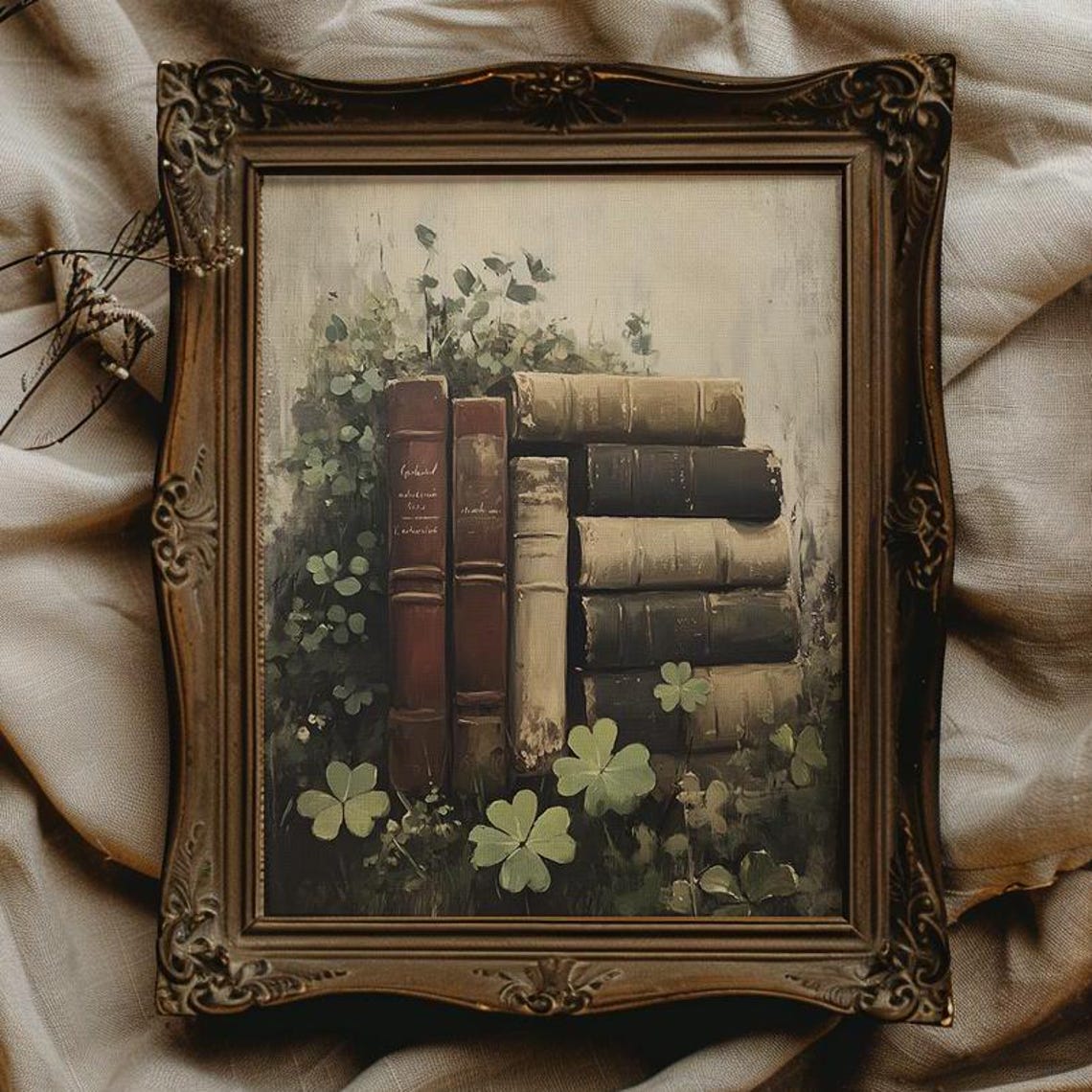 Antique Books with Shamrocks Vintage Botanical Library Wall Poster