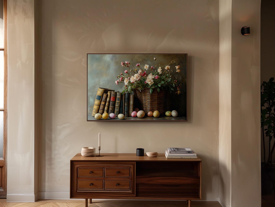 Spring Still Life With Easter Eggs Old Books and Flowers Poster - Image 3