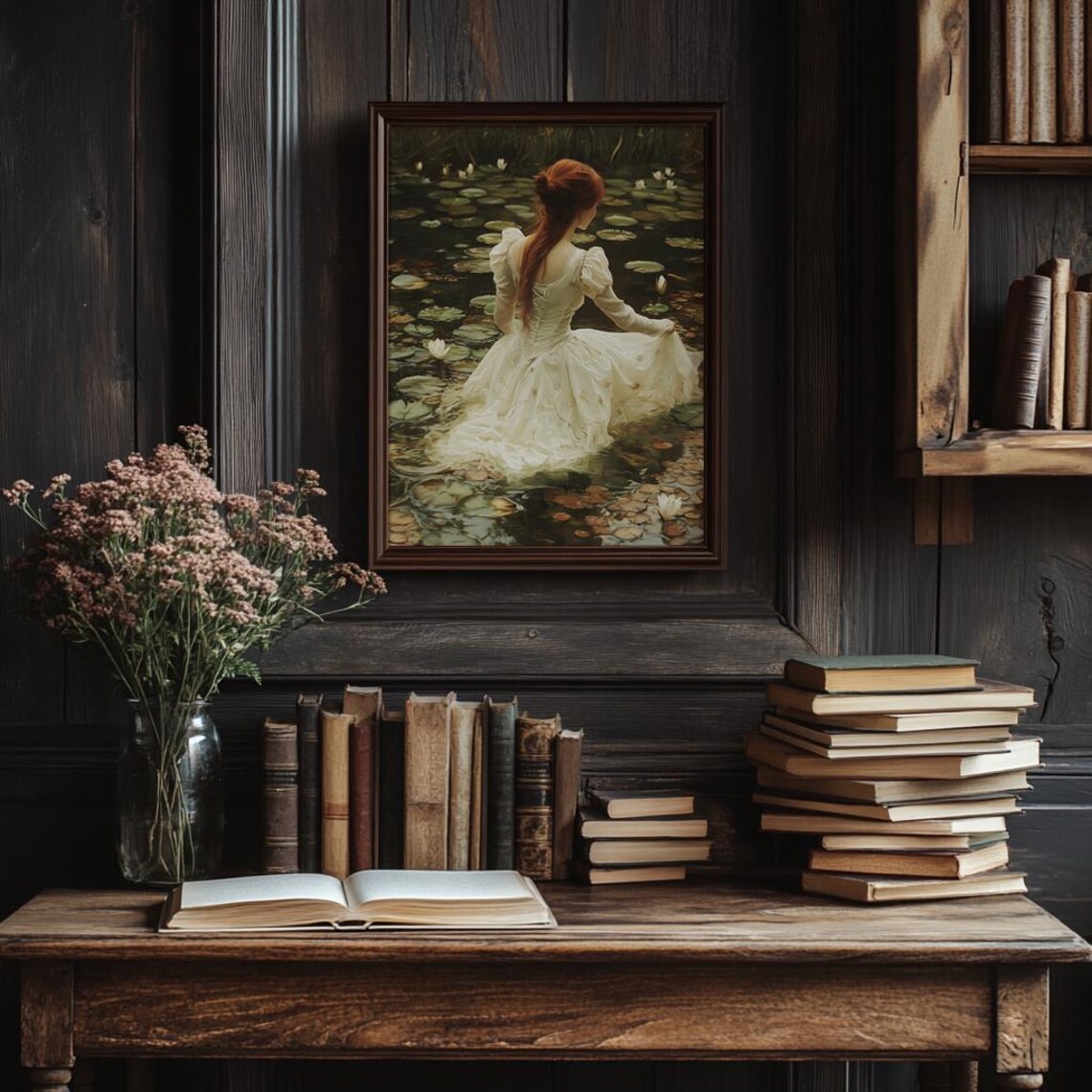 Dreamy Red Haired Woman in White Dress Among Water Lilies Poster - Image 2