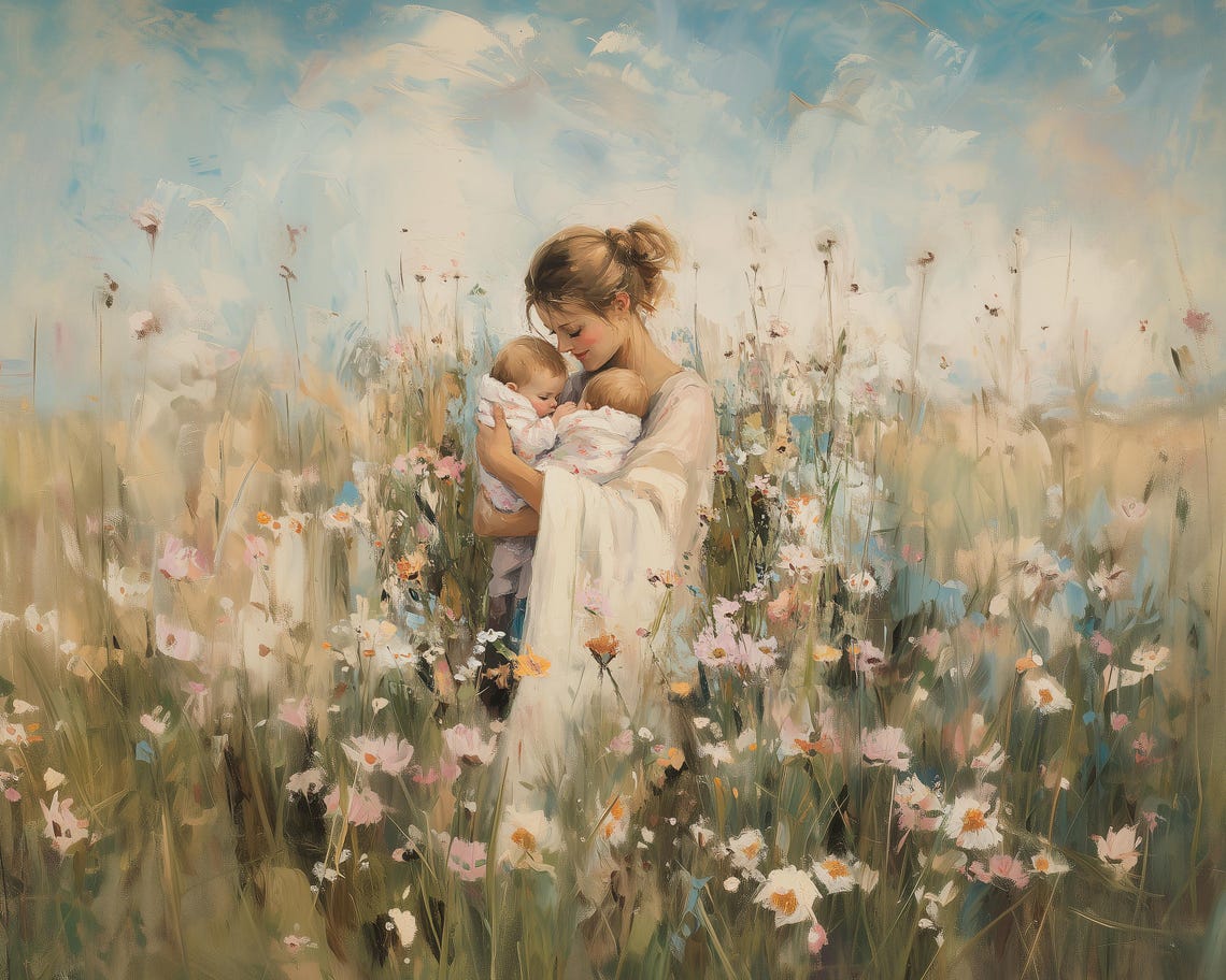 Mother Holding Her Twin Babies in a Wildflower Meadow Poster - Image 4