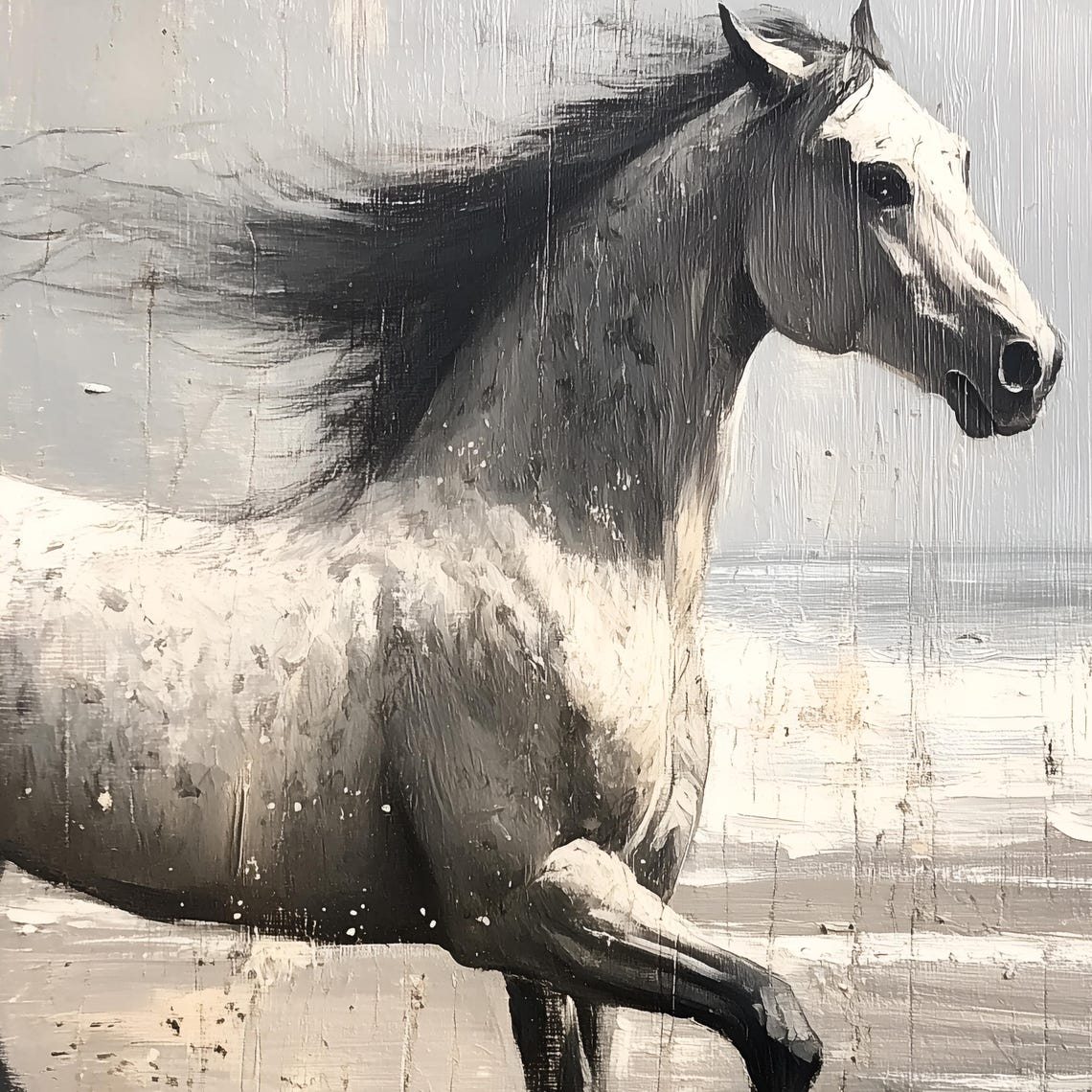 Grey Horse Galloping On A Misty Beach Vintage Coastal Poster - Image 2
