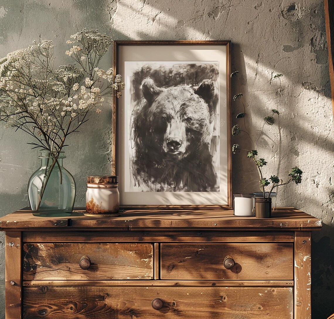Black Bear Portrait In Charcoal Sketch Rustic Cabin Art Print - Image 3